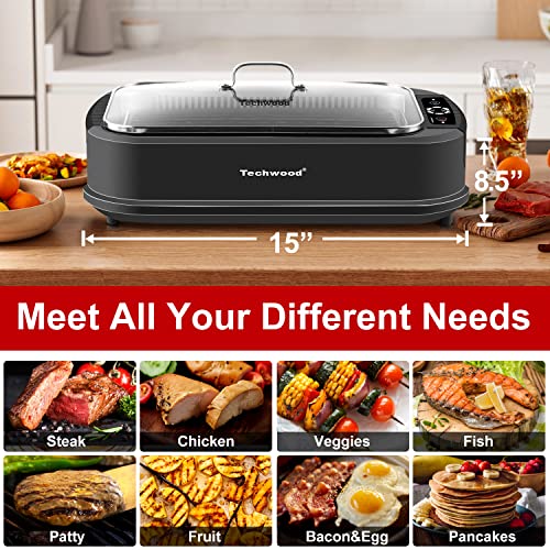 Indoor Grill, Techwood 1500W Smokeless Electric Grill with Non-Stick Grill Plates, Korean Grill with Temperature Control, Tempered Glass Lid, Dishwasher-Safe