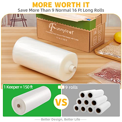 Funnyleaf 11" x 150' Food Vacuum Seal Roll Bags Keeper with Cutter, Ideal Vacuum Sealer Bags for Food Save, Commercial Grade, BPA Free, Great for Meal prep, Storage and Sous Vide