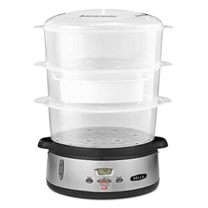 bella 9.5 qt triple tier digital food steamer, healthy fast simultaneous cooking, stackable baskets for vegetables or meats, rice/grains tray, auto shutoff & boil dry protection, stainless steel