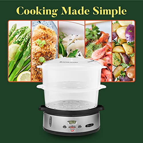 BELLA 9.5 QT Triple Tier Digital Food Steamer, Healthy Fast Simultaneous Cooking, Stackable Baskets for Vegetables or Meats, Rice/Grains Tray, Auto Shutoff & Boil Dry Protection, Stainless Steel