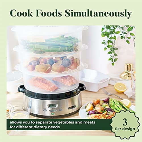 BELLA 9.5 QT Triple Tier Digital Food Steamer, Healthy Fast Simultaneous Cooking, Stackable Baskets for Vegetables or Meats, Rice/Grains Tray, Auto Shutoff & Boil Dry Protection, Stainless Steel