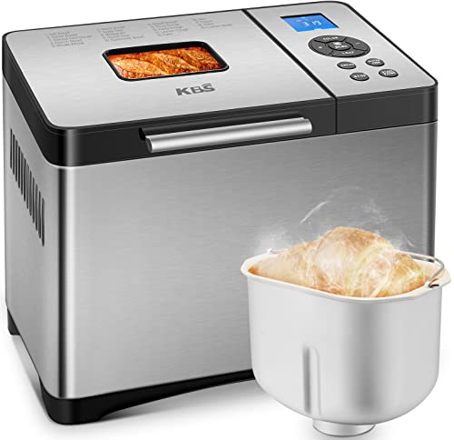 KBS Automatic 19 in 1 Bread Machine, 2LB Bread Maker with Fully Stainless, Dough Maker, 3 Crust Colors & 3 Loaf Sizes, 15H Timer and 1H Keep Warm Setting, Recipes and Oven Mitt…