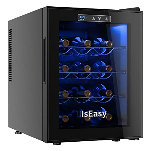 IsEasy Wine Cooler Refrigerator 12 Bottle Mini Wine Fridge Freestanding For Red, White, Champagne Wine Cellar with 46F-66F Digital Temperature Control, Double-Layer Tempered Glass Door