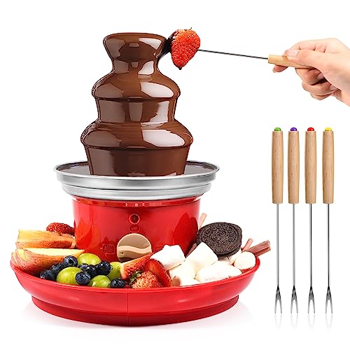 Chocolate Fountain, 3-Tier Mini Chocolate Fountain Machine with 4PCS Forks and Removal Serving Tray, Stainless Steel Electric Chocolate Fondue Fountain for Nacho Cheese, BBQ Sauce, Syrup, Ranch, Liqueurs 20-OZ