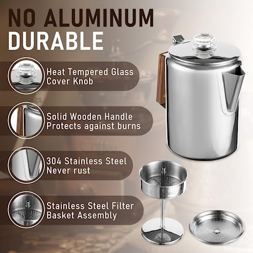 MEREZA Coffee Percolators Stovetop for Camping, Percolator Coffee Pot Camping Stovetop Stainless Steel Camping Coffee Maker Outdoors Home 9 Cup No Aluminum & Plastic Fast Brew