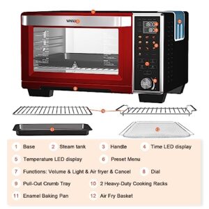 WHALL Toaster Oven Air Fryer, Max XL Large 30-Quart Smart Oven,11-in-1 Toaster Oven Countertop with Steam Function,12-inch Pizza,6 slices of Toast, 4 Accessories Included, Stainless Steel /1700W/R