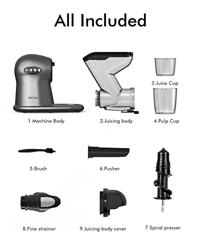 SiFENE Slow Masticating Juicer Machine, 3” Wide Dual Chute Cold Press Juicer with Anti-Clog Function, Ideal for Celery, Wheatgrass, Fruit and Vegetable Juice Extractor, BPA-Free, Easy to Clean