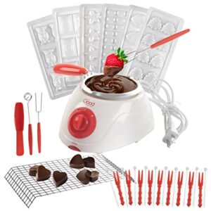 electric chocolate melting pot gift set - chocolates, candy making or cheese fondue fountain pot kit w/ 30+ free accessories, 7 chocolate molds & recipe book- heat, dip, enjoy- great mother's day gift