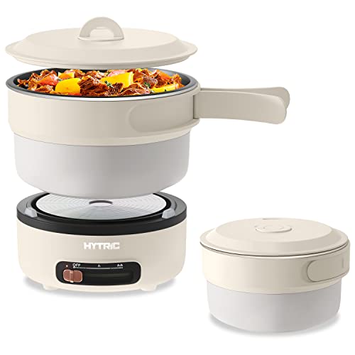 HYTRIC Electric Cooker, 2L Portable Electric Cooker with Foldable Handle, Non-Stick Electric Cooker with Dual Power Control for Camp, Dorm, Multi-Function Ramen Cooker for Oatmeal, Steak, Pasta, Camping Cooker