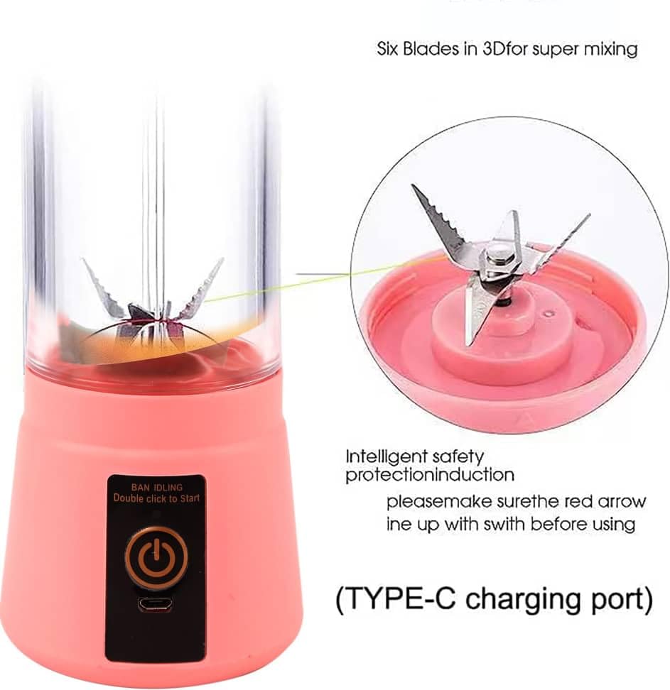 HERAVI'S Portable Blender with Brush, Rechargeable USB Blender, Smoothie Blender with 6 Blades Mini Blender for Kitchen, Home, Travel (Pink)