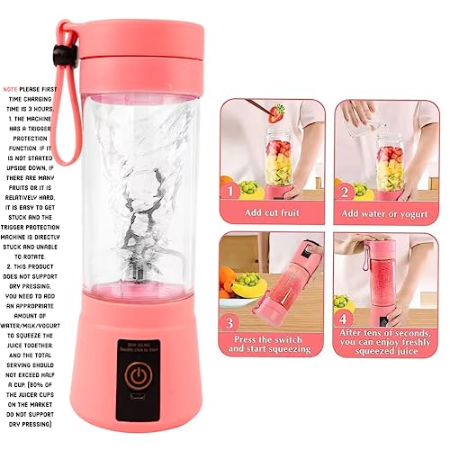 HERAVI'S Portable Blender with Brush, Rechargeable USB Blender, Smoothie Blender with 6 Blades Mini Blender for Kitchen, Home, Travel (Pink)