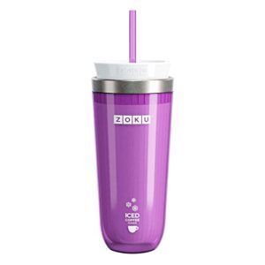 zoku instant iced coffee maker, reusable beverage chiller cools hot beverages in minutes without dilution, portable 11-ounce tumbler with spill-resistant lid and straw, purple