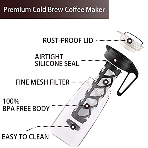 Cold Brew Coffee Maker, Iced Coffee Maker Tea Brewer Leak-Proof with Removable Mesh Filter for Iced Coffee Cold Brew Tea, 2QT