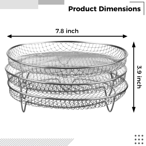 Homaisson Air Fryer Racks, Three Stackable 7.8 inch Air Fryer Racks for 4.2QT - 5.8QT Air fryers, Stainless Steel Dehydrator Air Flow Racks for Ninja, Gowise, Phillips Air Fryers, Ovens, Press Cookers (Round)