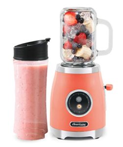 americana epb399c bpa free glass blending jar and tritan sports bottle blend personal smoothie, crush ice, shakes, keto protein blender, 2 cups, 300 watts, coral