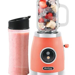 Americana EPB399C BPA Free Glass Blending Jar and Tritan Sports Bottle Blend Personal Smoothie, Crush Ice, Shakes, Keto Protein Blender, 2 Cups, 300 Watts, Coral