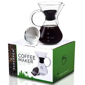 parkbrew pour over coffee maker - set includes glass pourover carafe (up to 27 fl. oz.), heat retaining lid, and reusable coffee filter or dripper