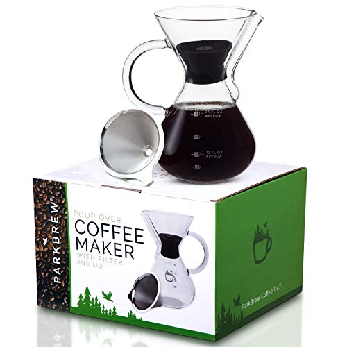 ParkBrew Pour Over Coffee Maker - set includes glass pourover carafe (up to 27 fl. oz.), heat retaining lid, and reusable coffee filter or dripper