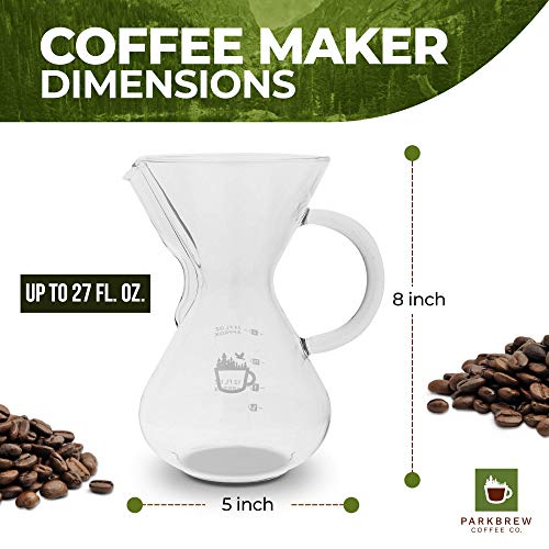 ParkBrew Pour Over Coffee Maker - set includes glass pourover carafe (up to 27 fl. oz.), heat retaining lid, and reusable coffee filter or dripper