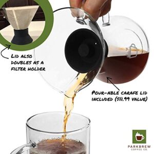 ParkBrew Pour Over Coffee Maker - set includes glass pourover carafe (up to 27 fl. oz.), heat retaining lid, and reusable coffee filter or dripper