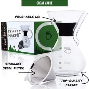 ParkBrew Pour Over Coffee Maker - set includes glass pourover carafe (up to 27 fl. oz.), heat retaining lid, and reusable coffee filter or dripper