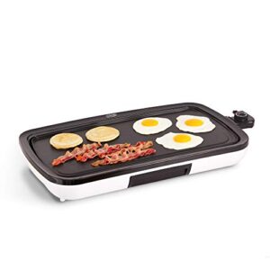 dash everyday nonstick electric griddle for pancakes, burgers, quesadillas, eggs & other on the go breakfast, lunch & snacks with drip tray + included recipe book, 20in, 1500-watt - white
