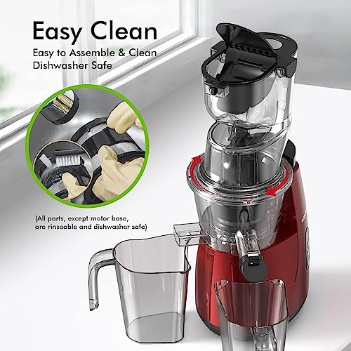 Hervigour Slow Masticating Juicer Machine, 3.2" Wide Chute Cold Press Juice Extraction for Fruits and Vegetables, BPA-Free and Easy to Clean, Perfect Celery Juicer - Red