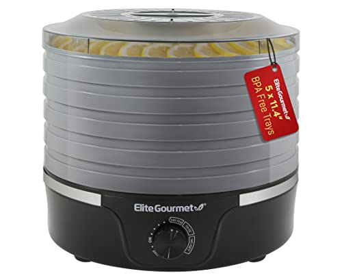 Elite Gourmet EFD319DKG Food Dehydrator, 5 BPA-Free 11.4" Trays Adjustable Temperature Controls, Jerky, Herbs, Fruit, Veggies, Dried Snacks, Black and Grey