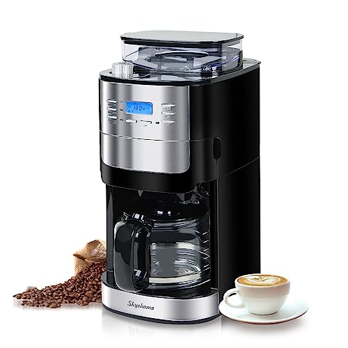 skyehomo 12 Cup Drip Coffee Maker with Built-In Burr Coffee Grinder, Programmable Coffee Machine with Timer, Glass Carafe, Reusable Filter, Warming Plate for Home and Office. 1.5L Water Tank