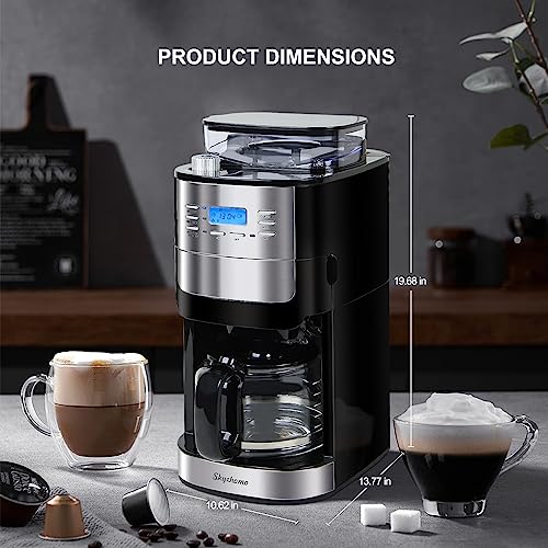 skyehomo 12 Cup Drip Coffee Maker with Built-In Burr Coffee Grinder, Programmable Coffee Machine with Timer, Glass Carafe, Reusable Filter, Warming Plate for Home and Office. 1.5L Water Tank