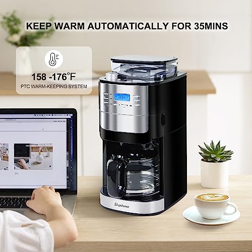 skyehomo 12 Cup Drip Coffee Maker with Built-In Burr Coffee Grinder, Programmable Coffee Machine with Timer, Glass Carafe, Reusable Filter, Warming Plate for Home and Office. 1.5L Water Tank