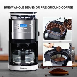 skyehomo 12 Cup Drip Coffee Maker with Built-In Burr Coffee Grinder, Programmable Coffee Machine with Timer, Glass Carafe, Reusable Filter, Warming Plate for Home and Office. 1.5L Water Tank