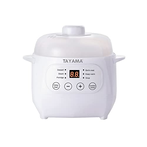 TAYAMA 1 Qt. White Mini Ceramic Stew Cooker with Pre-Settings and Built-In Timer, Small