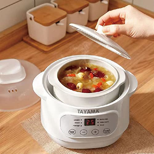 TAYAMA 1 Qt. White Mini Ceramic Stew Cooker with Pre-Settings and Built-In Timer, Small