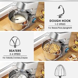 KUCCU Stand Mixer, 8.5 Qt 660W, 6-Speed Tilt-Head Food Dough Mixer, Electric Kitchen Mixer with Dough Hook, Flat Beater & Wire Whisk, Mixing Bowl (8.5-QT, Silver)