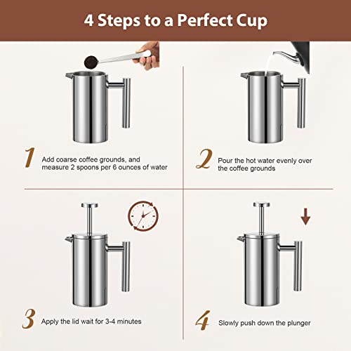 Meelio Small French Press Coffee Maker, Double-Wall Insulated French Press Coffee Press Stainless Steel, Included 2 Extra Fliters and 1 Coffee Spoon (350ML, 12 OZ)