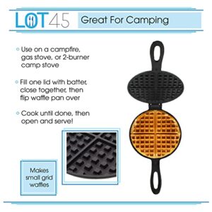 Lot45 Cast Iron Waffle Maker Pan - 6in Stove Top Waffle Iron Cookware, Portable Camping Breakfast Maker for Stovetop