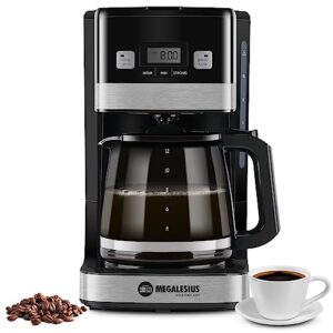 megalesius programmable coffee maker, 12 cup coffee maker with auto shut off, drip coffee maker with 4-hour keep warm, glass carafe, reusable filter, anti-drip system, strong brew, black