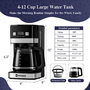 Megalesius Programmable Coffee Maker, 12 Cup Coffee Maker With Auto Shut Off, Drip Coffee Maker With 4-Hour Keep Warm, Glass Carafe, Reusable Filter, Anti-Drip System, Strong Brew, Black