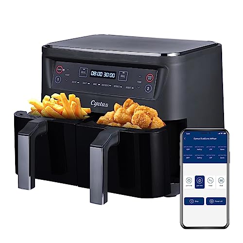 CYETUS Smart Double Air Fryer 2 Baskets 8 Quart XL, Dual Zone Independent Cooking, Clear Cook Window, App with Recipe, Remote Control, Dishwasher Safe Basket, Grey