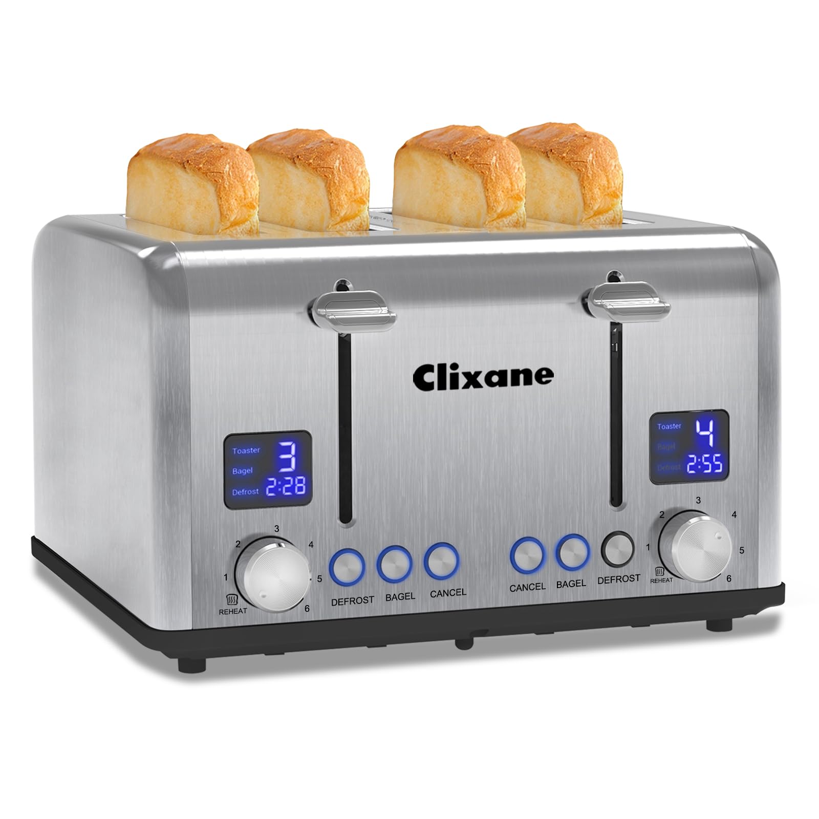 Toaster 4 Slice,1.5"Extra Wide Slot Stainless Toaster with Bagel Defrost Cancel Function, Dual Screen, Removal Crumb Tray (Stainless steel)