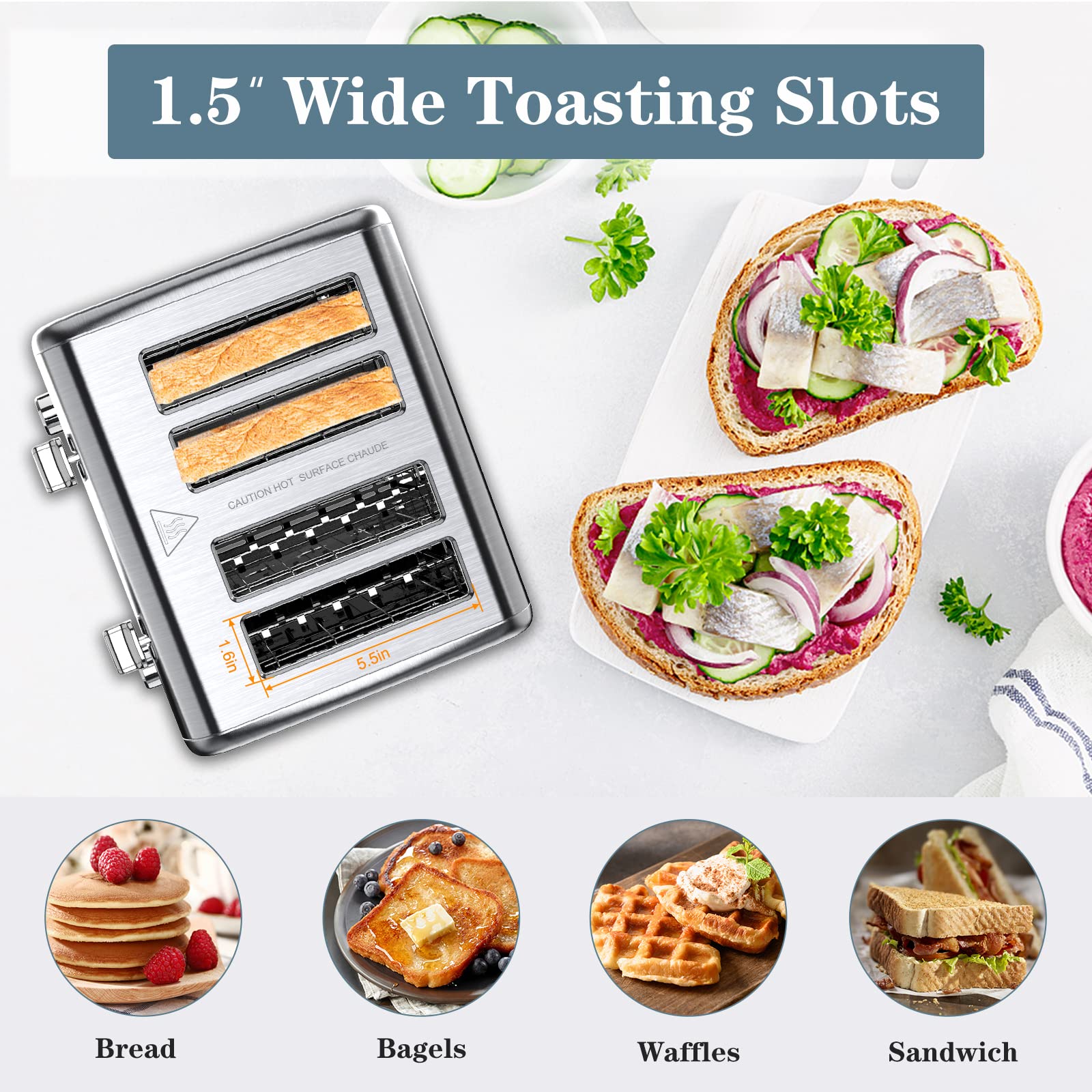 Toaster 4 Slice,1.5"Extra Wide Slot Stainless Toaster with Bagel Defrost Cancel Function, Dual Screen, Removal Crumb Tray (Stainless steel)