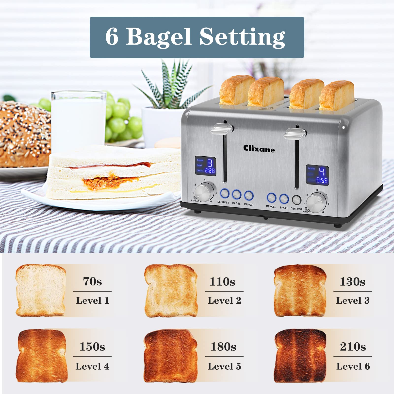 Toaster 4 Slice,1.5"Extra Wide Slot Stainless Toaster with Bagel Defrost Cancel Function, Dual Screen, Removal Crumb Tray (Stainless steel)