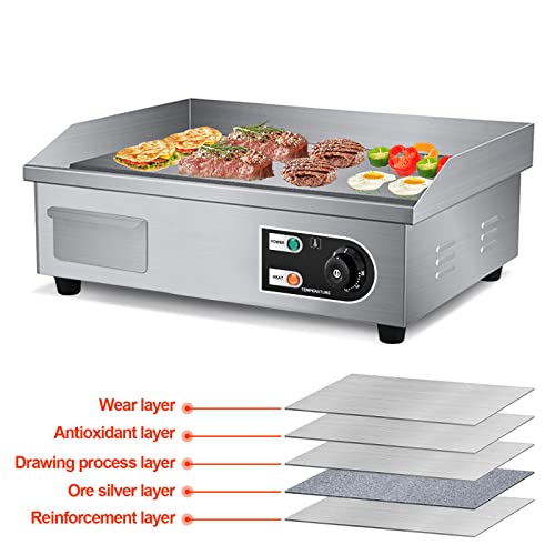 PROMOTOR 22" Electric Countertop Flat Top Griddle 1600W 110V Non-Stick Commercial Restaurant Teppanyaki Grill Stainless Steel Adjustable Temperature Control 50~300℃