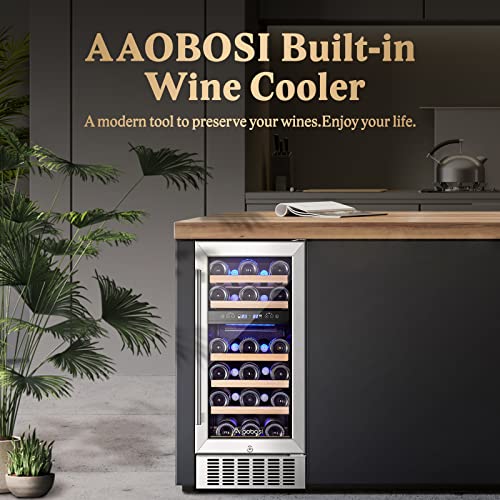 AAOBOSI 【Upgraded】 15 Inch Wine Cooler, 28 Bottle Dual Zone Wine Refrigerator with Stainless Steel Tempered Glass Door,Memory Function, Fit Champagne Bottles, Wine Fridge Freestanding and Built-in