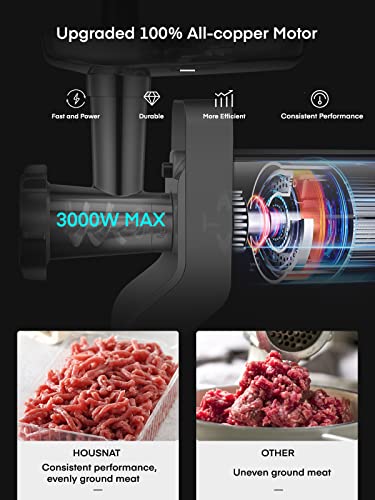 Meat Grinder Heavy Duty, 3000W Max Ultra Powerful, 5 in 1 HOUSNAT Multifunction Electric Meat Grinder, Sausage Stuffer, Slicer/Shredder/Grater, Kubbe & Tomato Juicing Kits, Home Kitchen Use