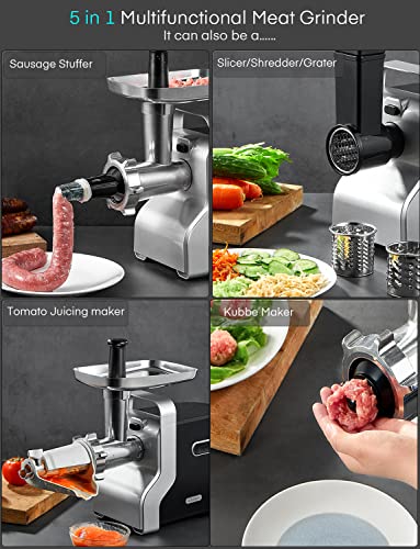 Meat Grinder Heavy Duty, 3000W Max Ultra Powerful, 5 in 1 HOUSNAT Multifunction Electric Meat Grinder, Sausage Stuffer, Slicer/Shredder/Grater, Kubbe & Tomato Juicing Kits, Home Kitchen Use