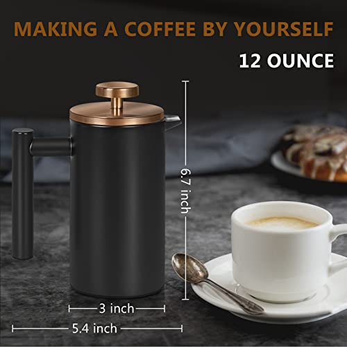 WORBIC French Press, 12oz French Press Double-Wall Insulated French Press Coffee Maker, French Press Stainless Steel with 3 Level Filtration System and 3 Extra Filter Screens, for Home, Office Black