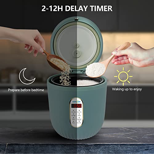 Audecook Mini Rice Cooker, 4 Cups (Uncooked) 2L Portable Small Rice Cooker with Removable Non-Stick Inner Pot, 6 in 1 Smart Control Multifunctional Cooker, Delay Timer & Keep Warm Function (Green)