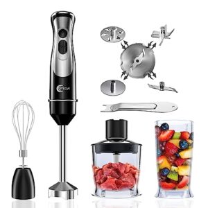 fkn immersion blender handheld with 4 interchangeable blades,8-in-1 hand blender electric with 8 speed and turbo mode,handheld blender stick with 800w motor, 500ml chopper, mixing beaker, and whisk